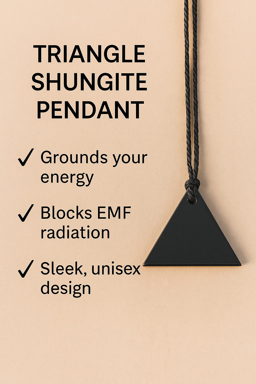 Shungite pendant featured with overlay text describing its grounding properties, wearable design, and EMF shielding benefits.
